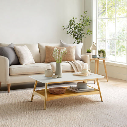 Parker Mid-century Coffee Table with Storage Shelf - Off-White/Natural
