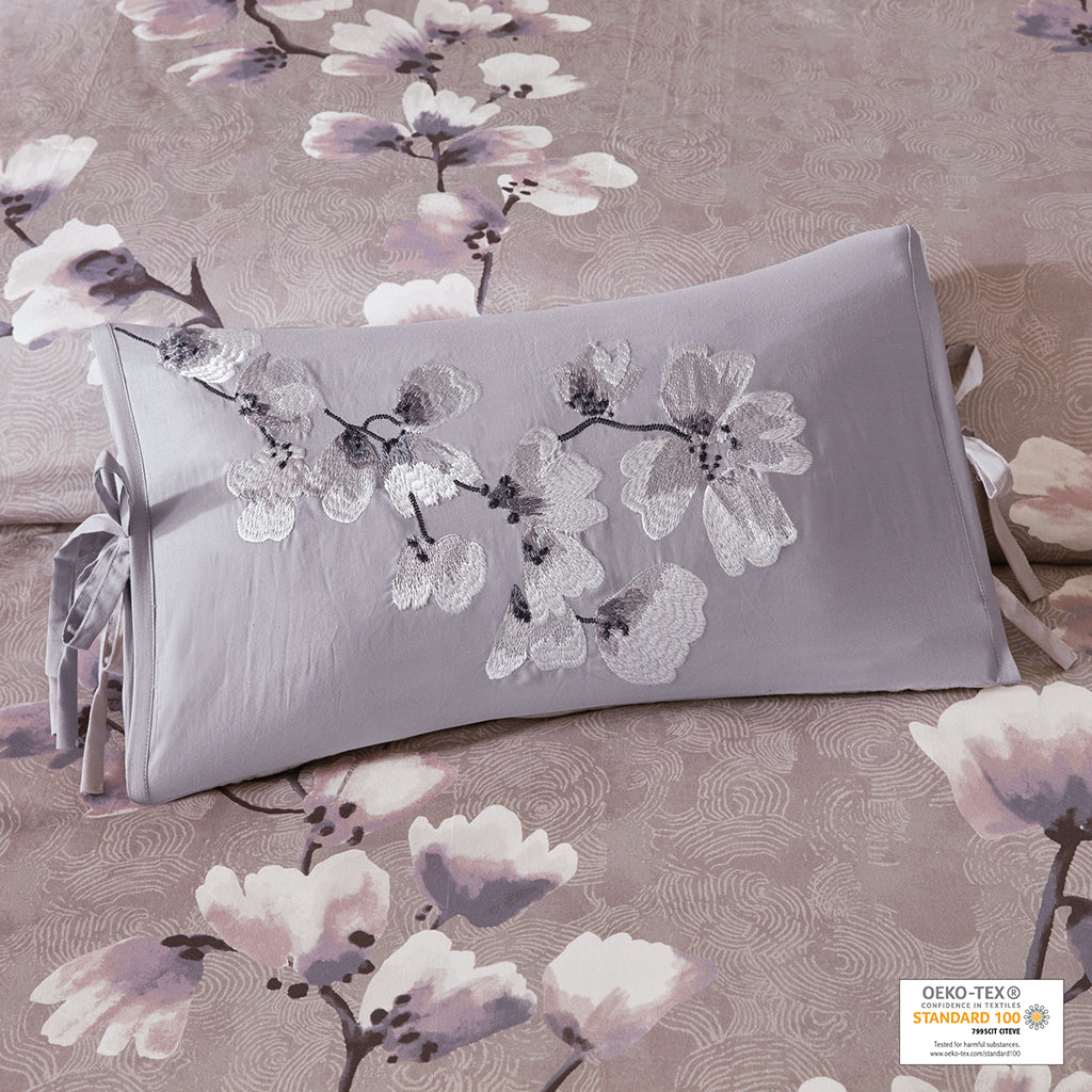 Sakura Blossom Embroidered Cotton Oblong Decorative Pillow - Lilac