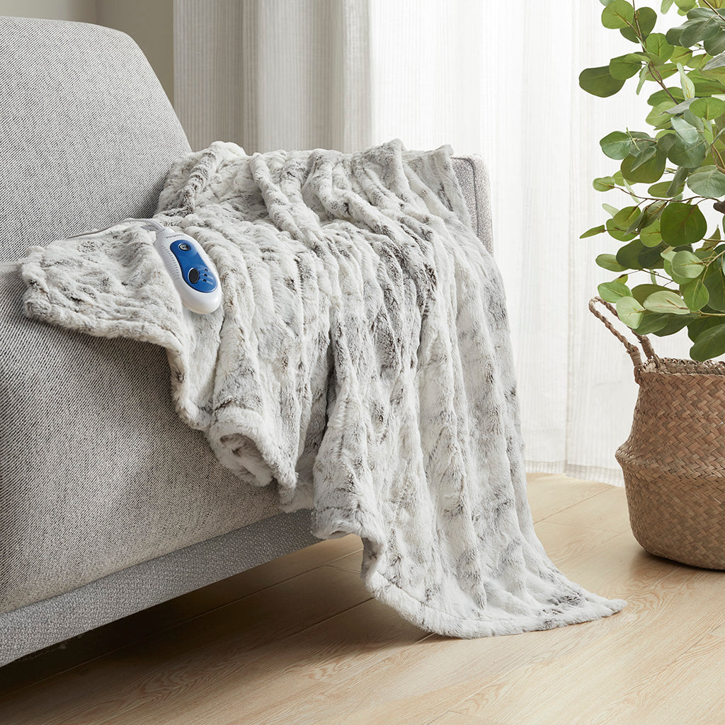 Zuri Oversized Faux Fur Heated Throw - Natural Marble