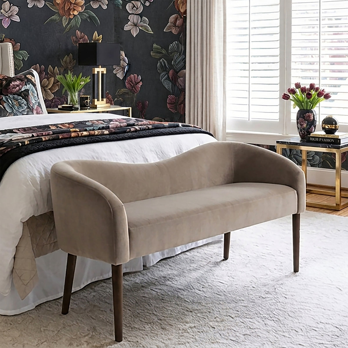 Larkspur Wave Back Velvet Accent Bench - Warm Taupe