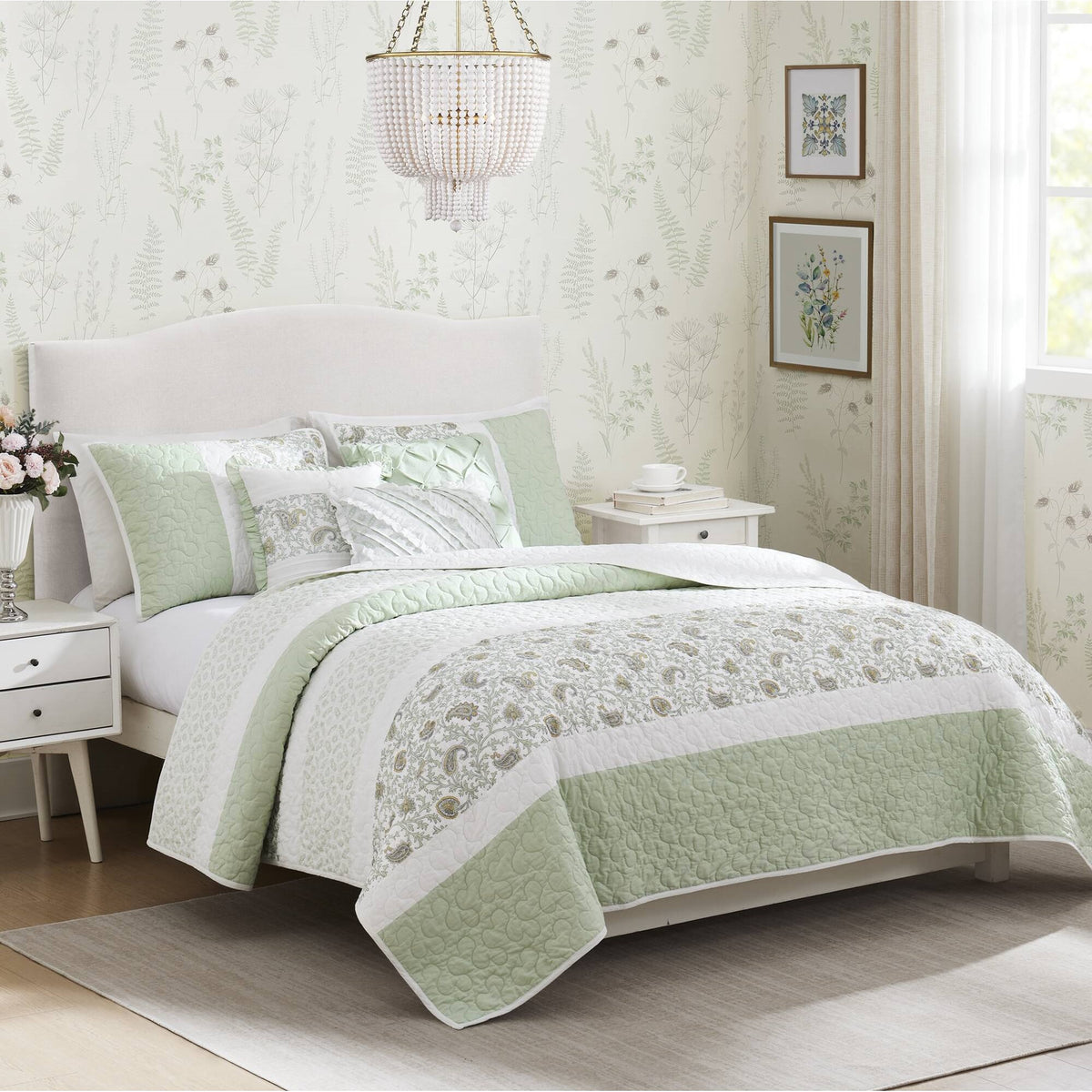 Dawn 6 Piece Cotton Percale Quilt Set with Throw Pillows - Sage Green