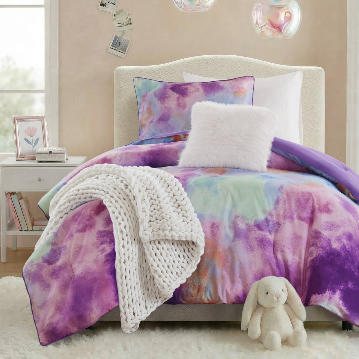 Cassiopeia Watercolor Tie Dye Printed Comforter Set with Throw Pillow - Lavender