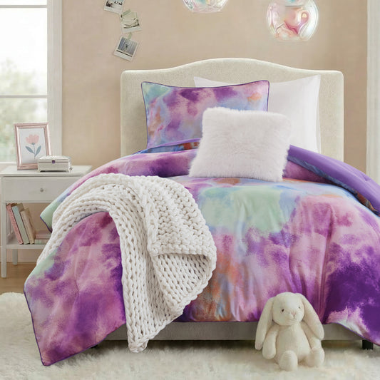Cassiopeia Watercolor Tie Dye Printed Comforter Set with Throw Pillow - Lavender