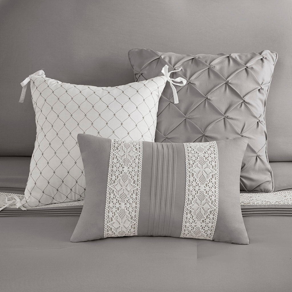 Lacey 7 Piece Lace Trim Comforter Set with Throw Pillows - Grey