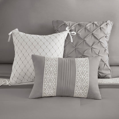 Lacey 7 Piece Lace Trim Comforter Set with Throw Pillows - Grey