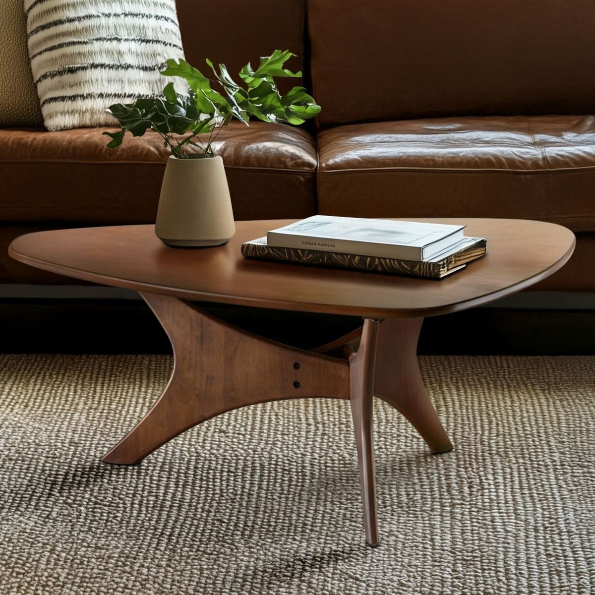 Blaze Organic Triangular Wood Coffee Table with Sculptural Base - Brown