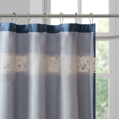Serene Faux Silk Embroidered Floral Shower Curtain - Navy