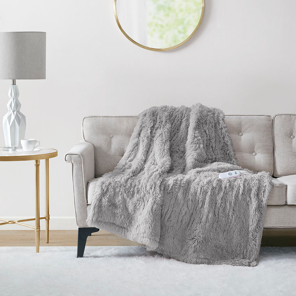 Malea Shaggy Faux Fur Heated Throw - Grey