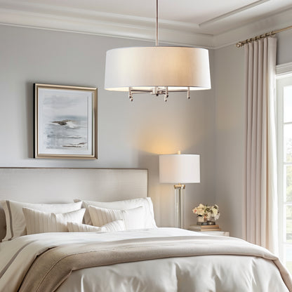 Presidio 5-Light Dimmable Chandelier with Drum-shaped Fabric Shade & Adjustable Height - Silver/White