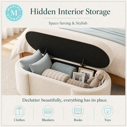 Leslie Fully Upholstered Oval Storage Bench with Soft-Close Lid - Ivory