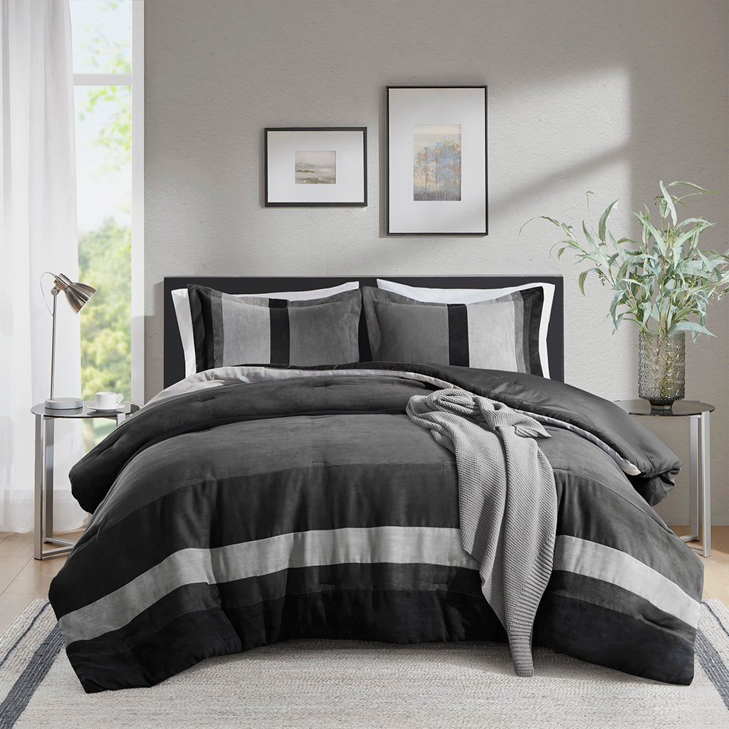 Highland Stripe Pieced Faux Suede Comforter Set - Black