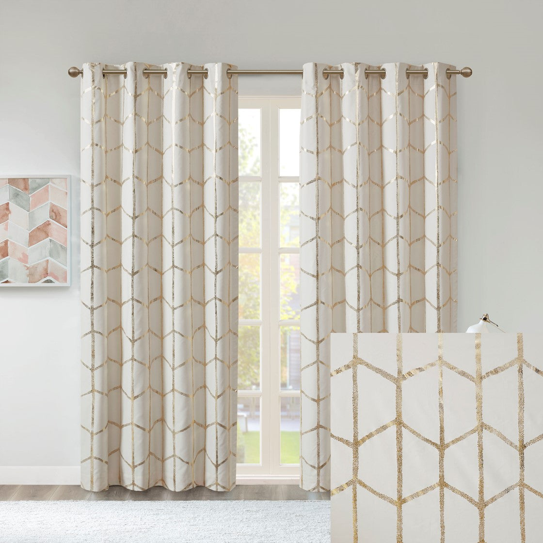 Raina Total Blackout Metallic Print Grommet Top Curtain