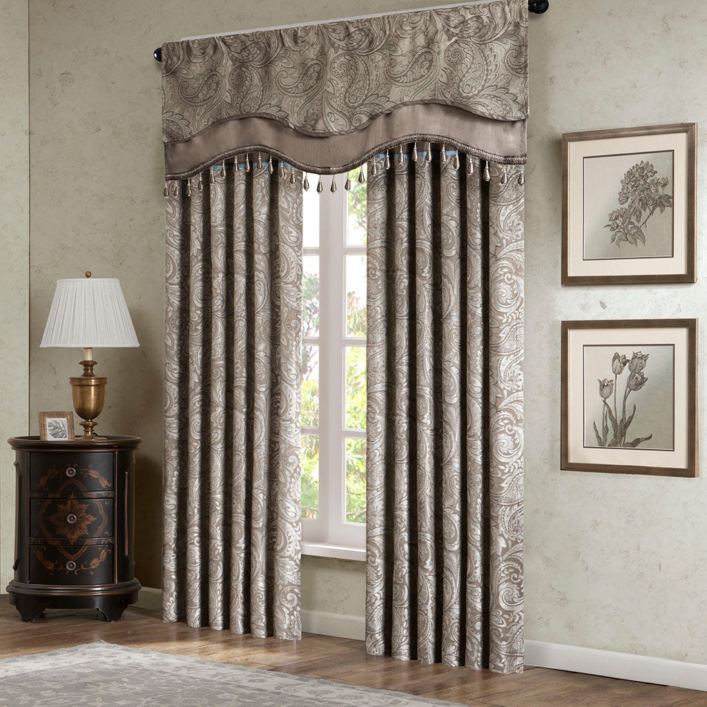 Aubrey Jacquard Window Rod Pocket Valance With Beads - Blue/Brown