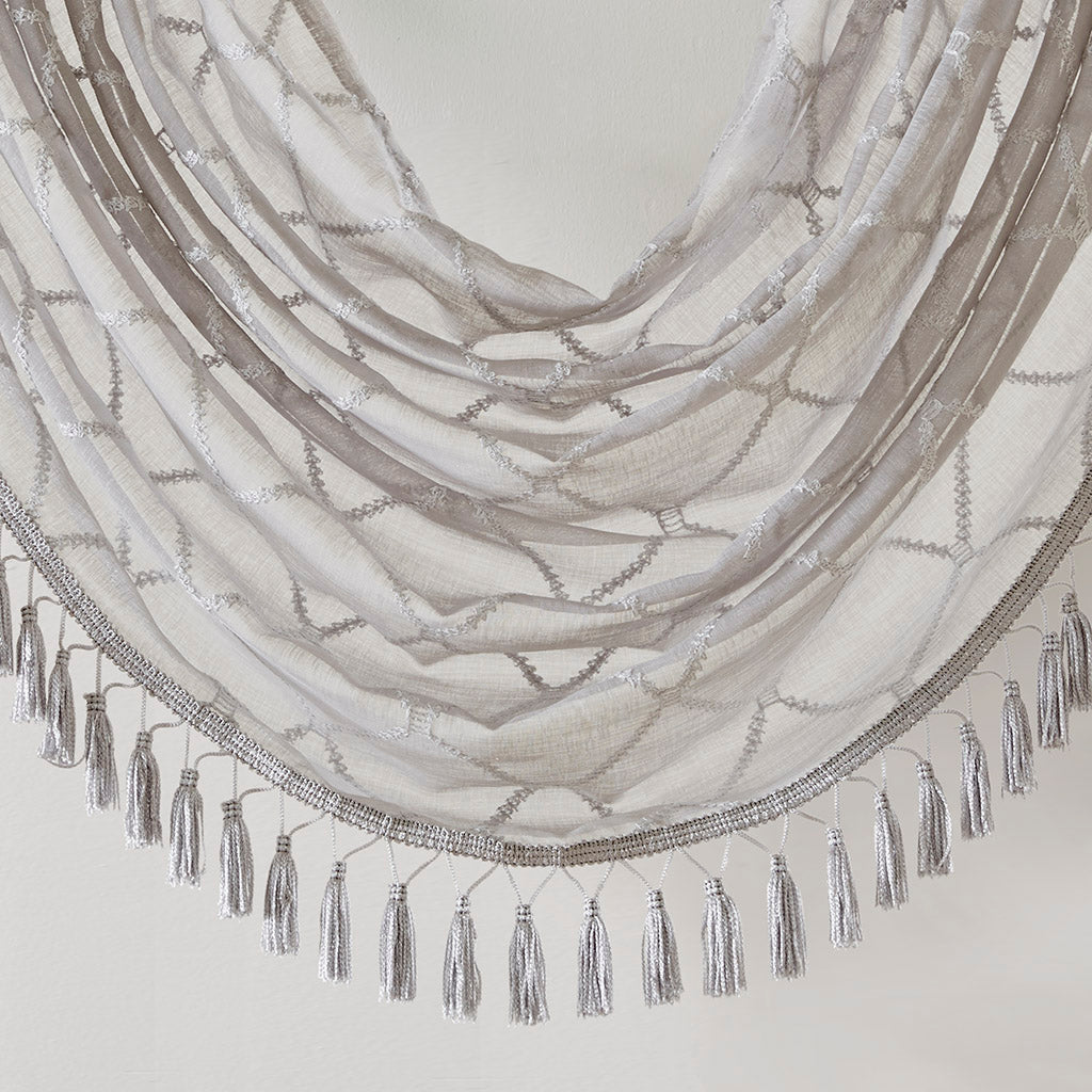 Irina Diamond Sheer Embroidered Waterfall Valance - Grey