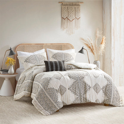 Ibiza 4 Piece Printed Comforter Set with Throw Pillow - Black/Ivory
