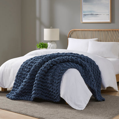 Chenille Chunky Knit Throw - Navy Blue