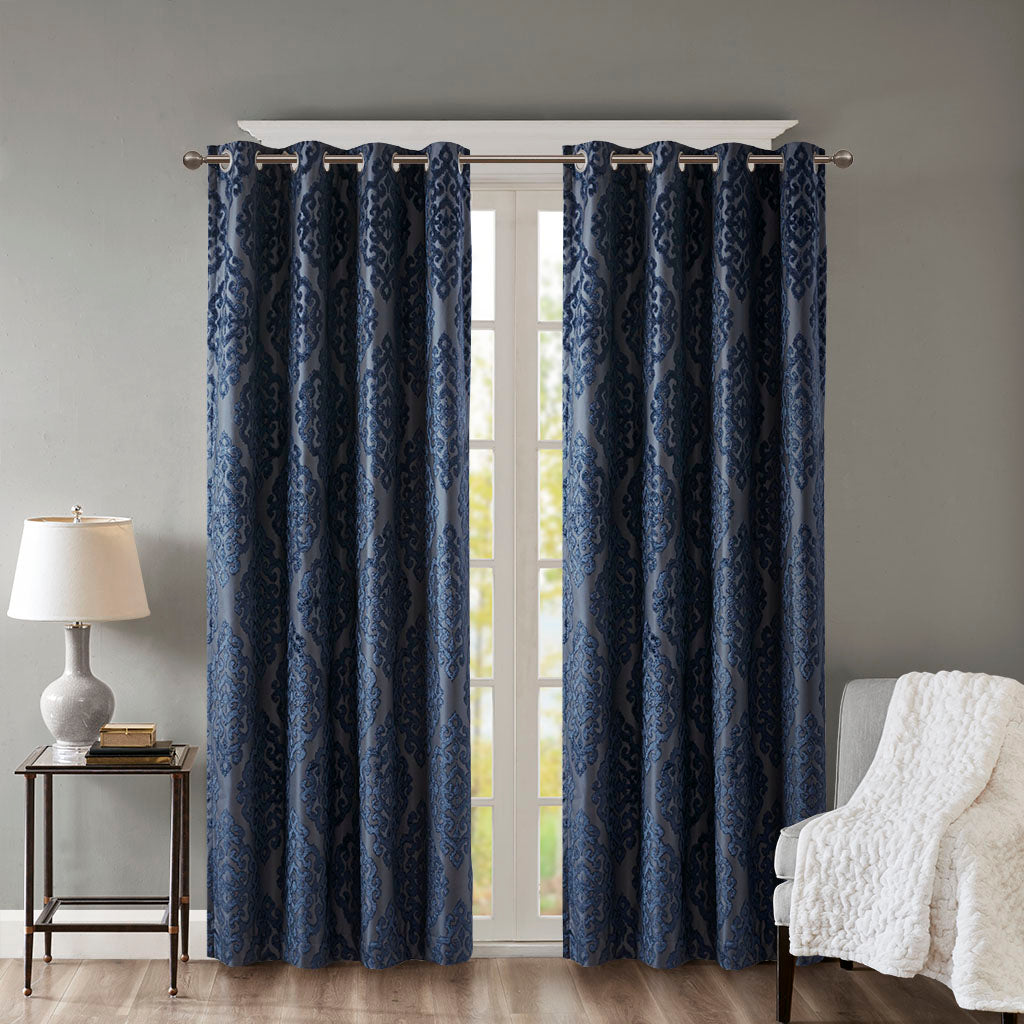 Mirage Knitted Jacquard Damask Total Blackout Grommet Top Curtain Panel - Navy