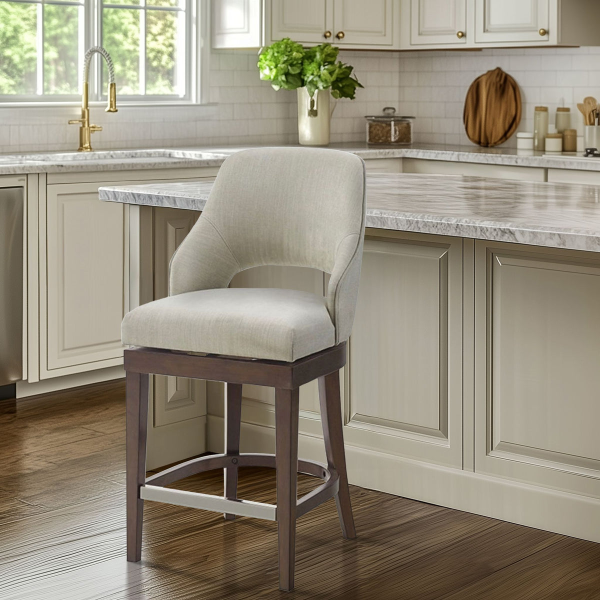 Jillian Upholstered Counter Stool with Cutout Back Design and Swivel Seat - Cream