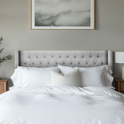 Amelia Upholstered Wingback Headboard with Button Tufting & Nailhead Trim - Grey