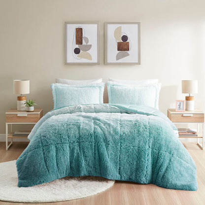Brielle Ombre Shaggy Long Fur Comforter Mini Set - Aqua