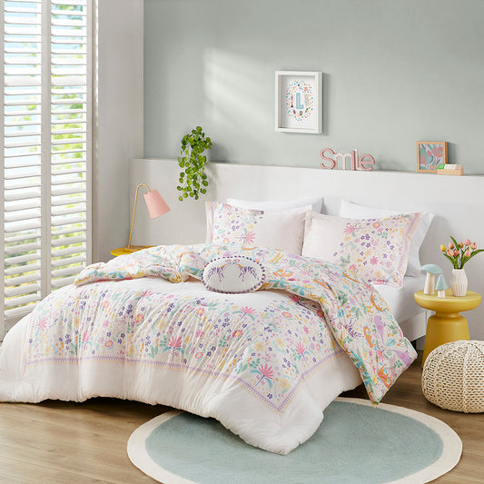 Lulu Floral Reversible Cotton Comforter Set with Throw Pillow - Purple