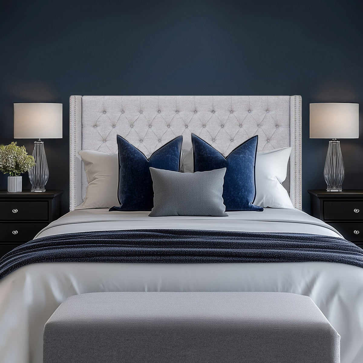 Amelia Upholstered Wingback Headboard with Button Tufting & Nailhead Trim - Grey