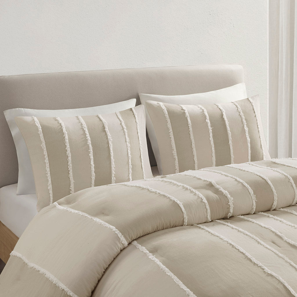 Shay 3 Piece Striped Cotton Comforter Set - Taupe