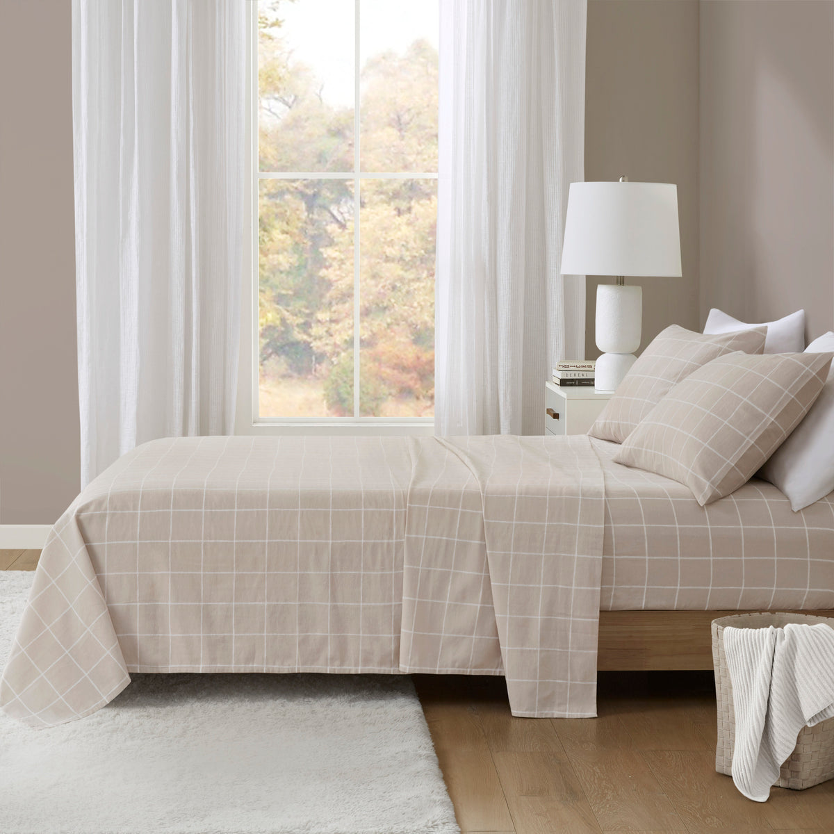 Cozy Cotton Flannel Printed Sheet Set - Beige Windowpane