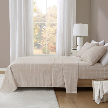 Cozy Cotton Flannel Printed Sheet Set - Beige Windowpane