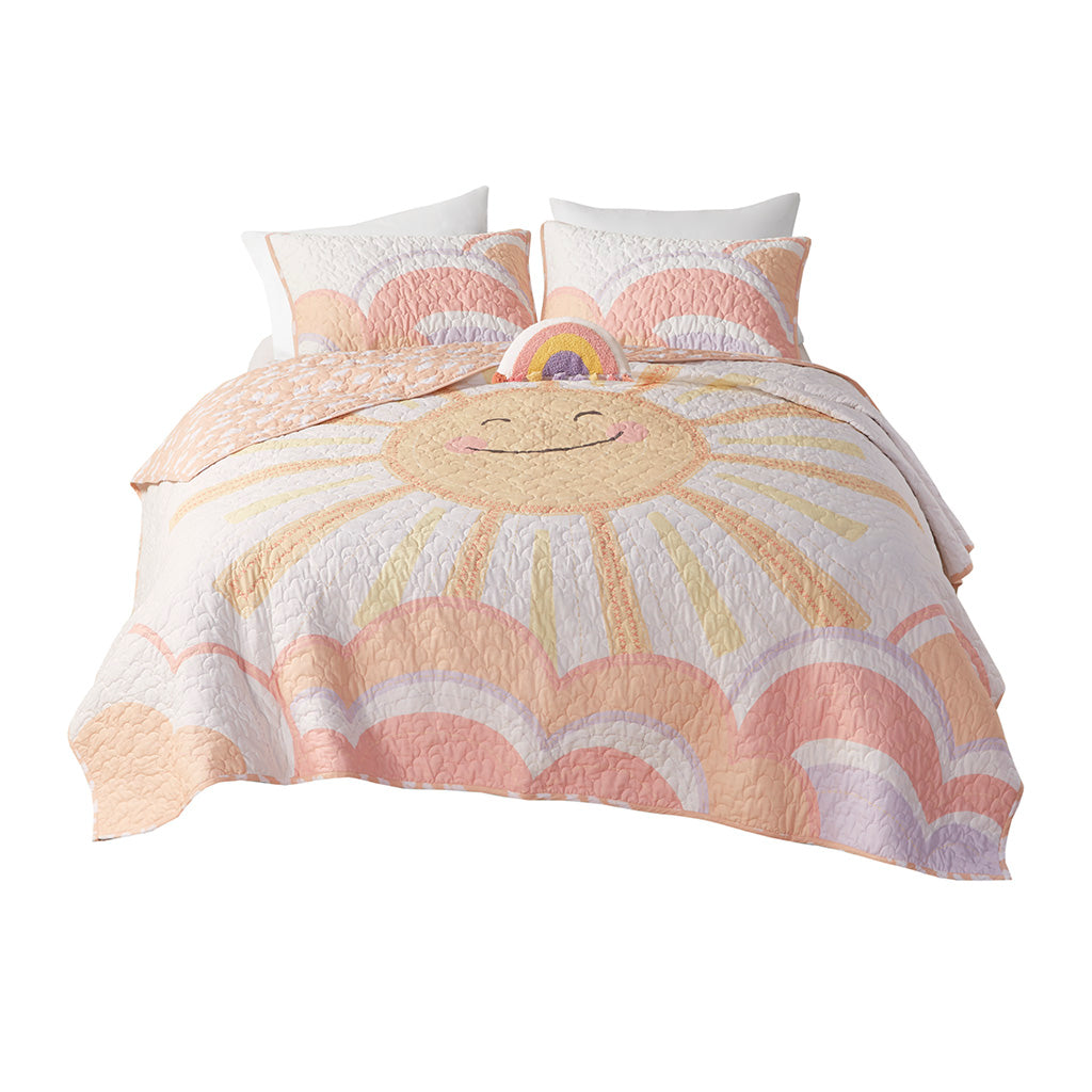 Dawn Reversible Sunshine Printed Cotton Quilt Set with Throw Pillow - Yellow/Coral