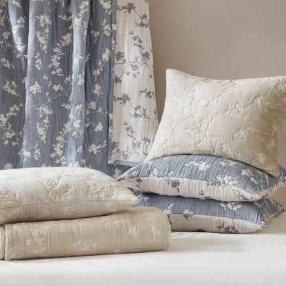 Catalina Botanical 3 Piece Jacquard Cotton Gauze Quilt Set - Navy