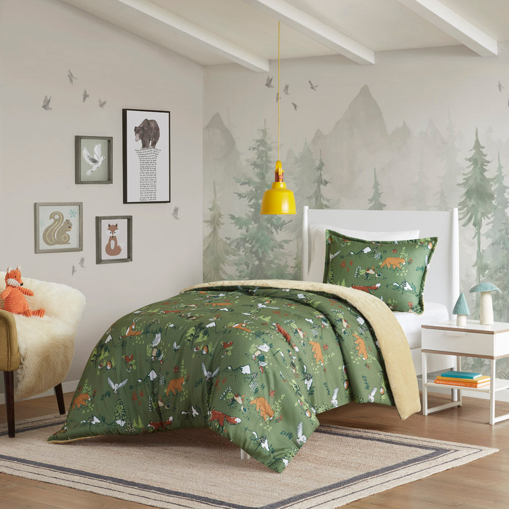 Heath Forest Animals Plush Reversible Comforter Set - Green