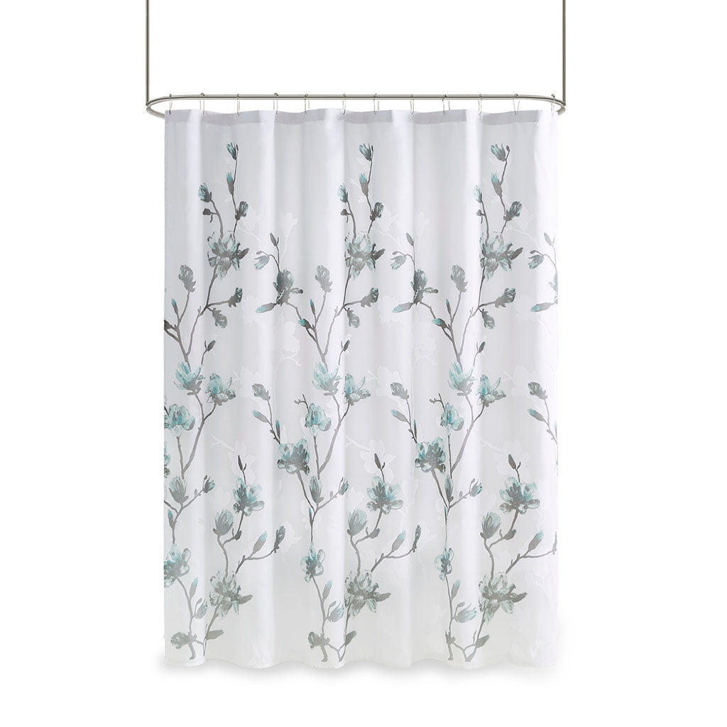 Magnolia Floral Printed Burnout Shower Curtain - Aqua