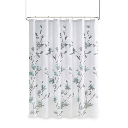 Magnolia Floral Printed Burnout Shower Curtain - Aqua