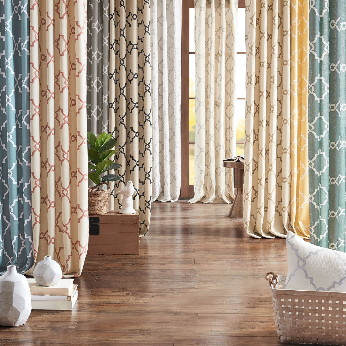 Saratoga Fretwork Print Grommet Top Window Curtain Panel - Grey/White