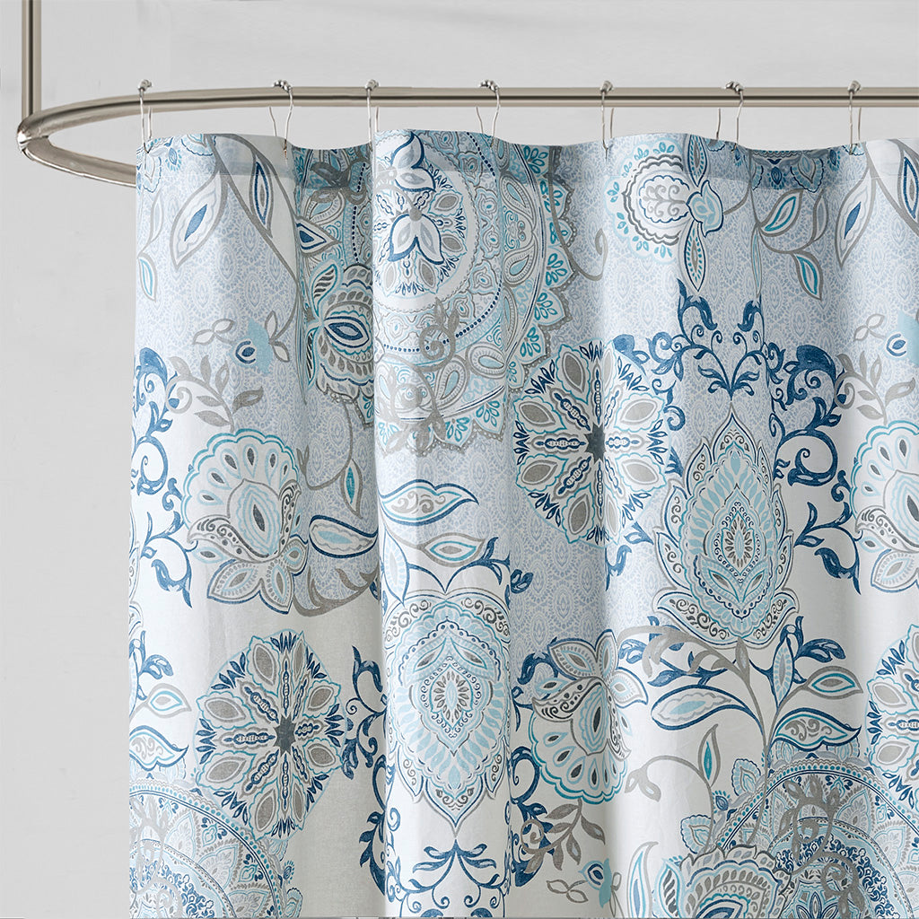 Isla Printed Cotton Shower Curtain - Blue