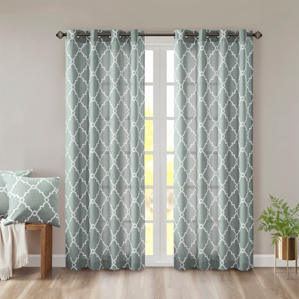 Saratoga Fretwork Print Grommet Top Window Curtain Panel - Seafoam/White