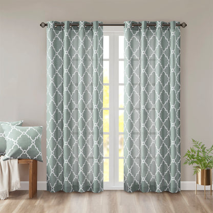 Saratoga Fretwork Print Grommet Top Window Curtain Panel - Seafoam/White