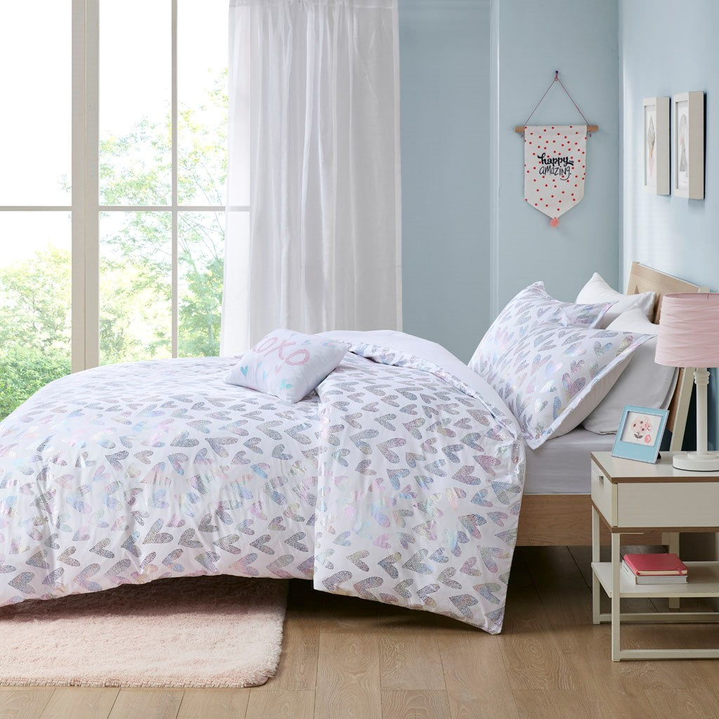 Kristie Iridescent Metallic Heart Printed Duvet Cover Set