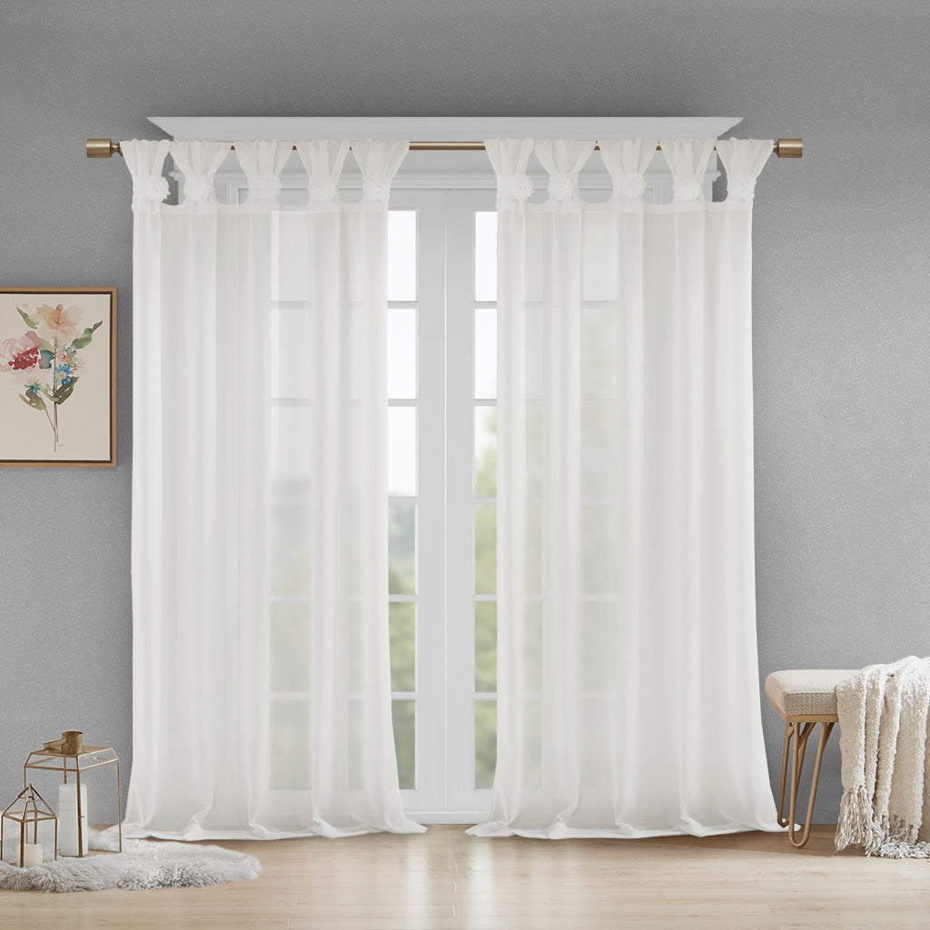 Rosette Floral Embellished Cuff Tab Top Solid Curtain Panel - White