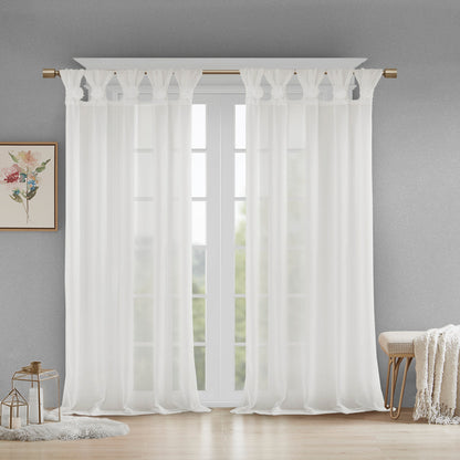 Rosette Floral Embellished Cuff Tab Top Solid Curtain Panel - White