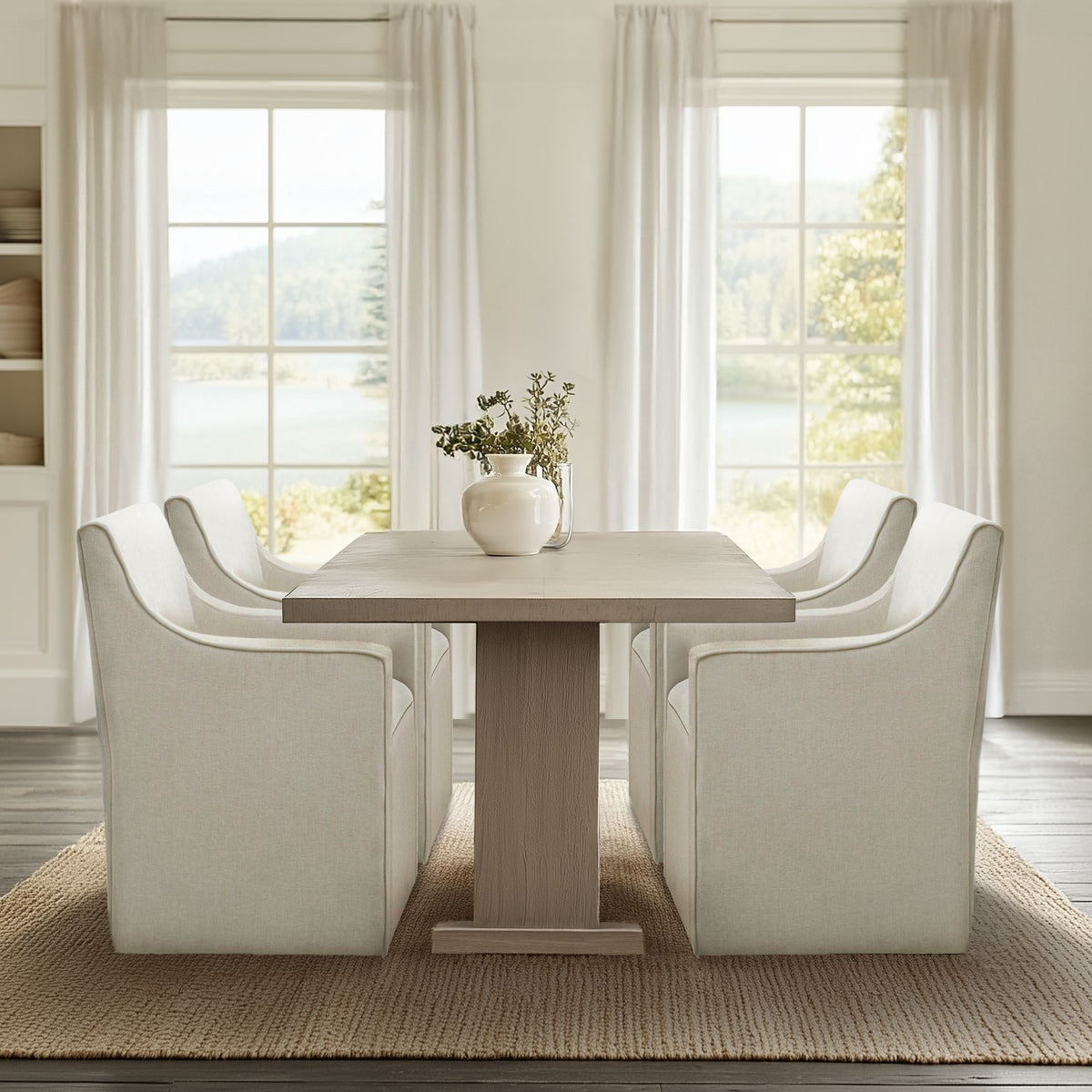 Charlotte Upholstered Dining Arm Chair with Hidden Casters - Cream