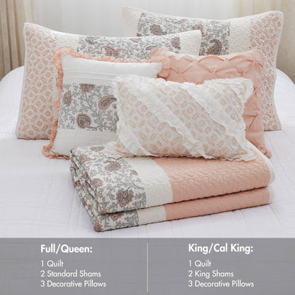 Dawn 6 Piece Cotton Percale Quilt Set with Throw Pillows - Blush