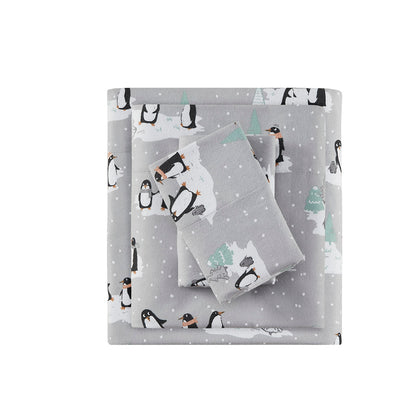Cozy Cotton Flannel Printed Sheet Set - Grey Penguins