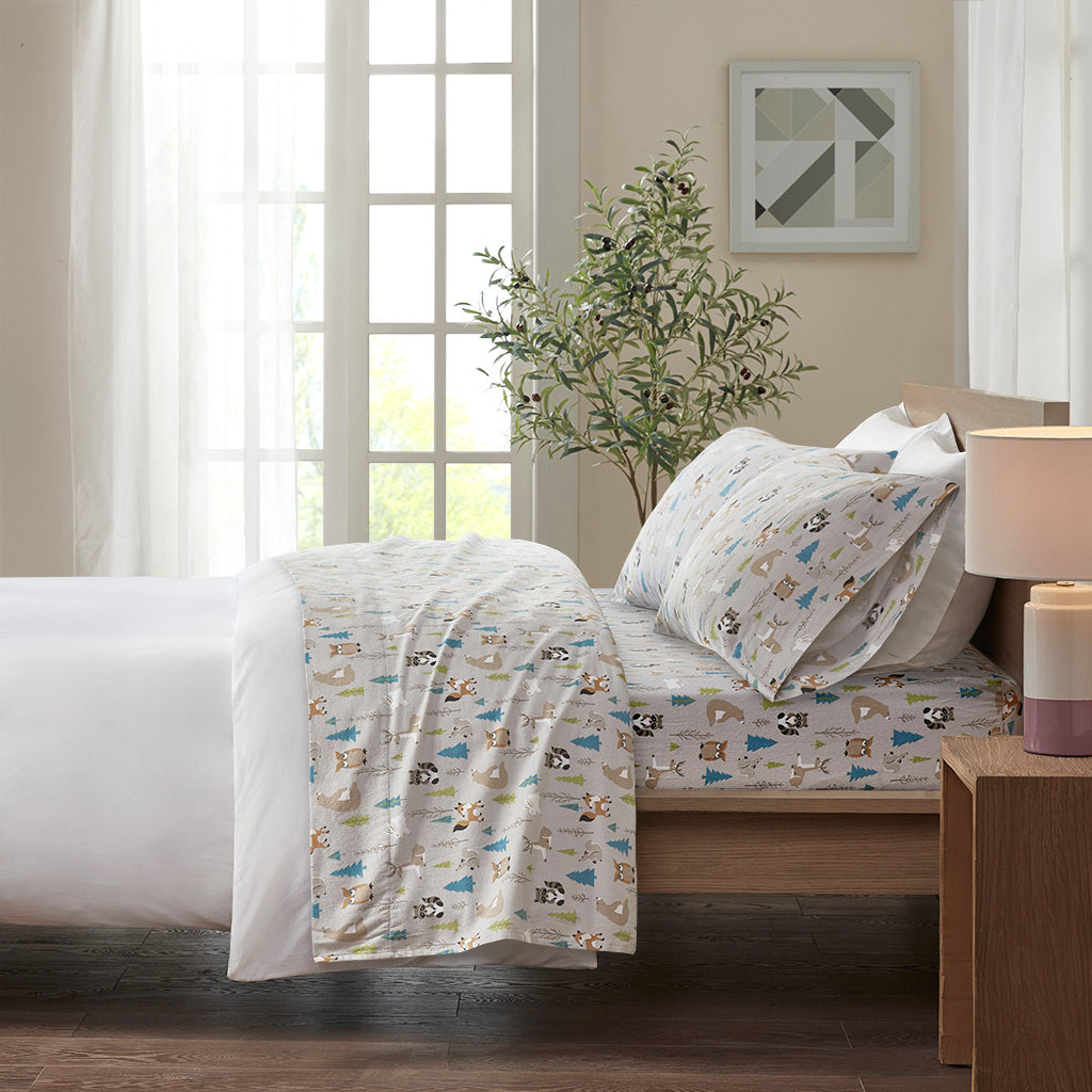 Cozy Cotton Flannel Printed Sheet Set - Multi Forest Animals