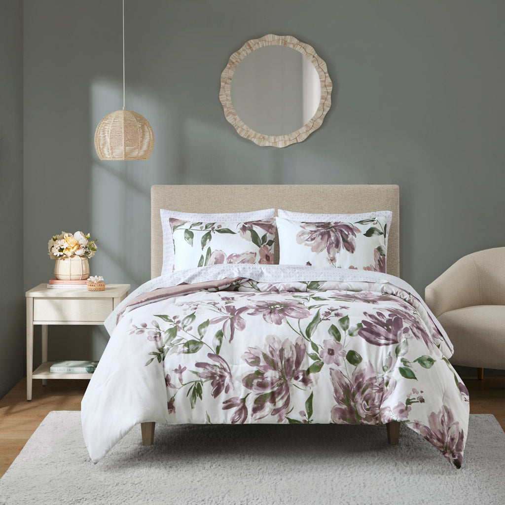 Alice Floral Comforter Set with Bed Sheets - Mauve