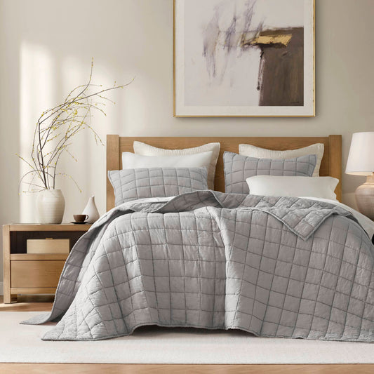 French Flax Linen Garment Washed Quilt Set - Gray