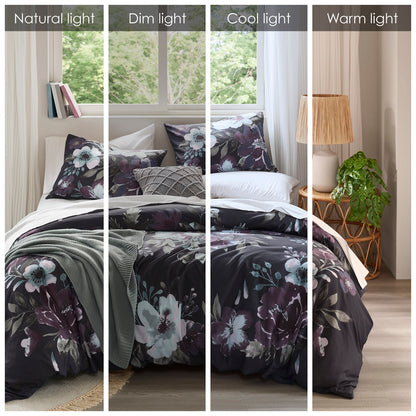 Jolene 3 Piece Cotton Duvet Cover Set - Dark Grey/Plum