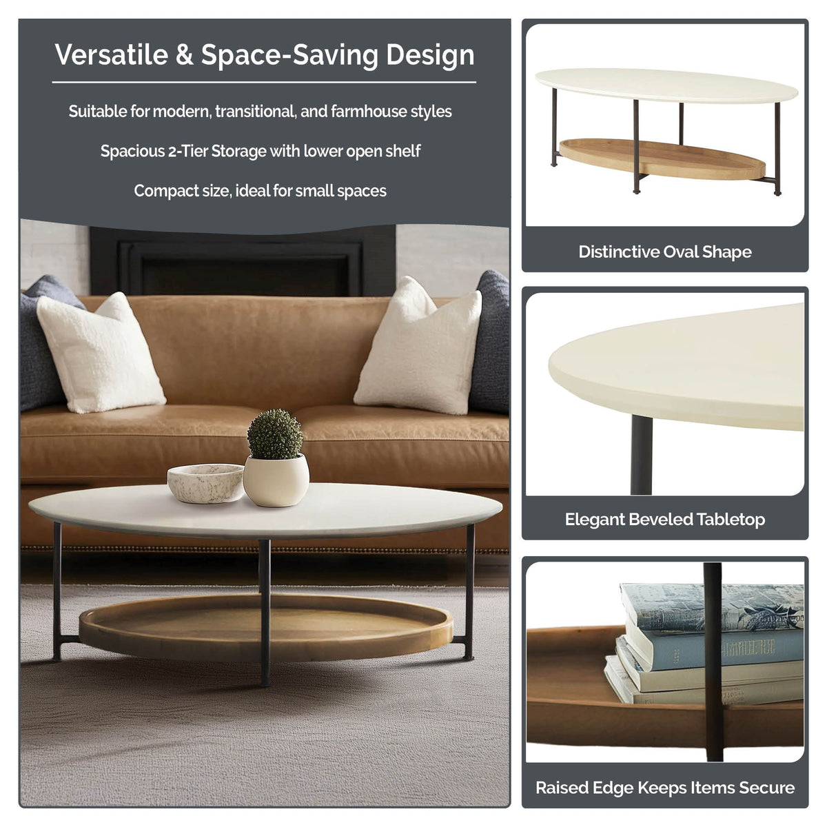 Beaumont 2-Tier Oval Coffee Table with Wood Storage Shelf - White/Natural