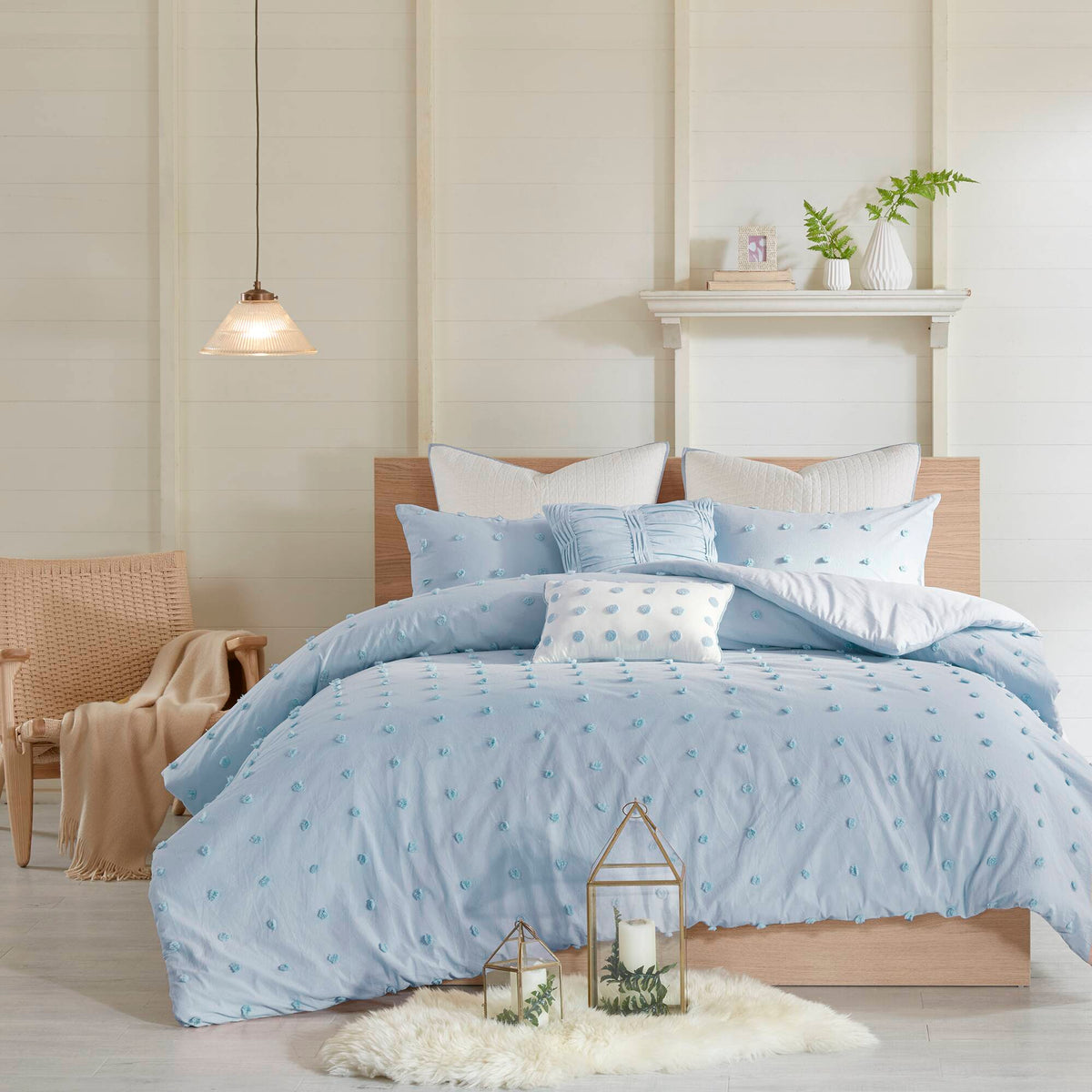 Brooklyn Cotton Jacquard Comforter Set with Euro Shams and Throw Pillows - Blue